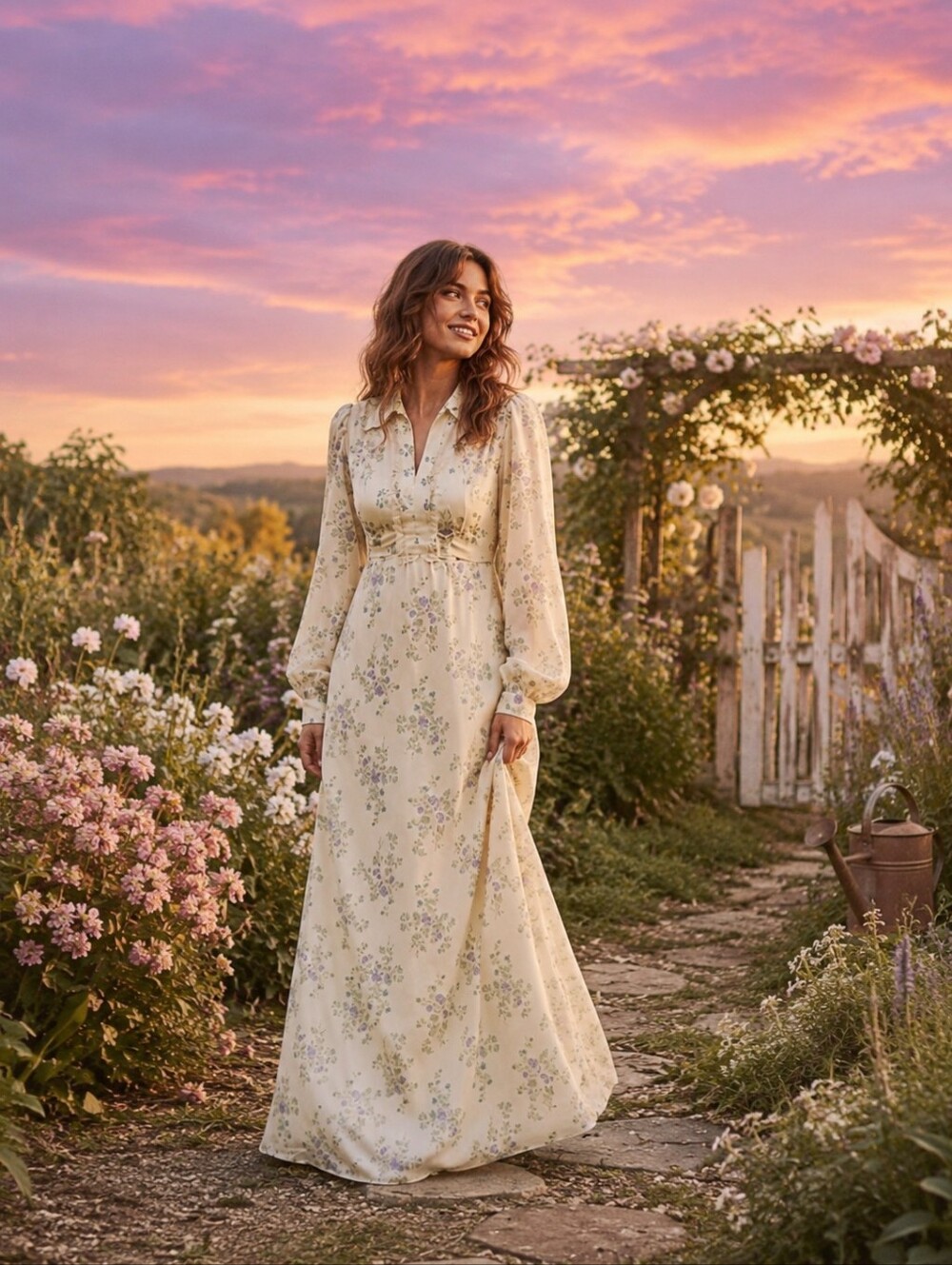 Vtg 70s ditsy floral hippie boho long sleeve prairie wedding dress